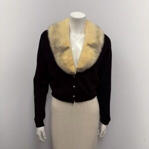 Vintage Pringle 100% Cashmere Sweater Black Detachable Mink Collar Scotland S